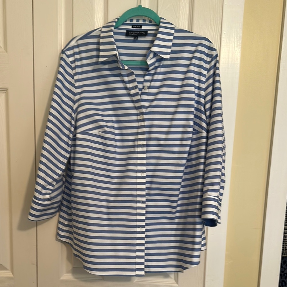 Jones New York Women's Blue and White Striped Button Down Shirt